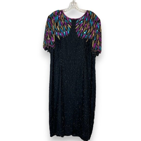 Vintage Sequin Silk Dress Beaded Formal Cocktail Black 80s Retro Midi 16 - Picture 1 of 11